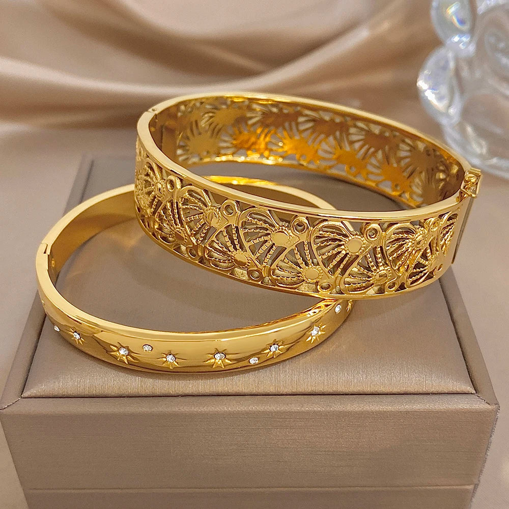 Retro Geometric Hollow Textured Zircon Cuff Bangle Exquisite Gold Plated Stainless Steel Wrist Bracelets Waterproof Jewelry Set
