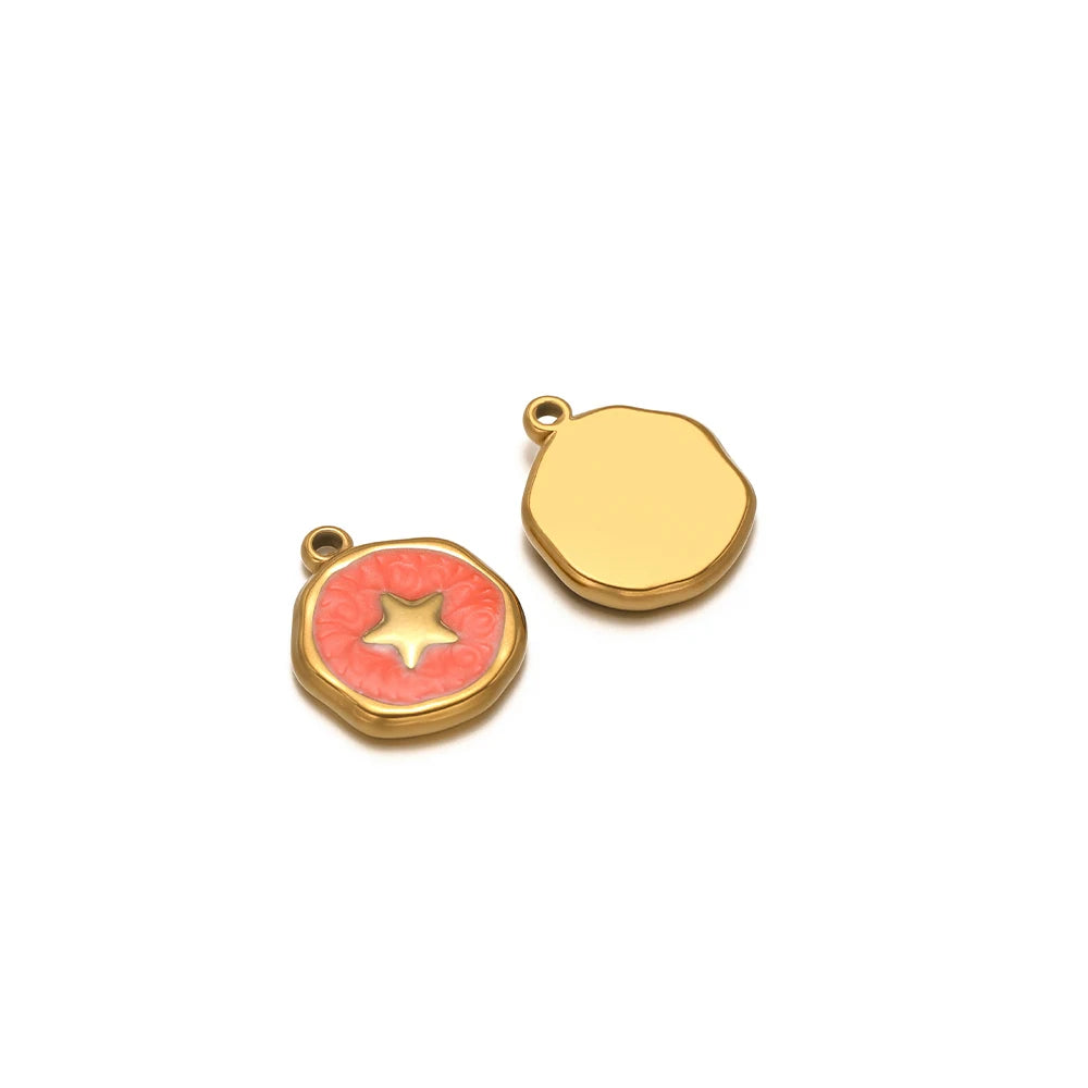 Evil eye charm pendants: red enamel star on gold with plain gold drop charm