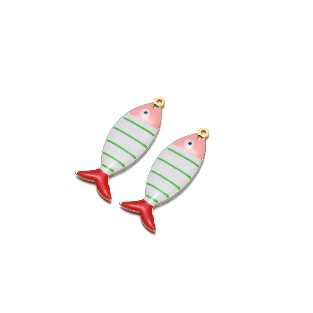Two enamel striped fish pendants with gold loops, green stripes and red tails