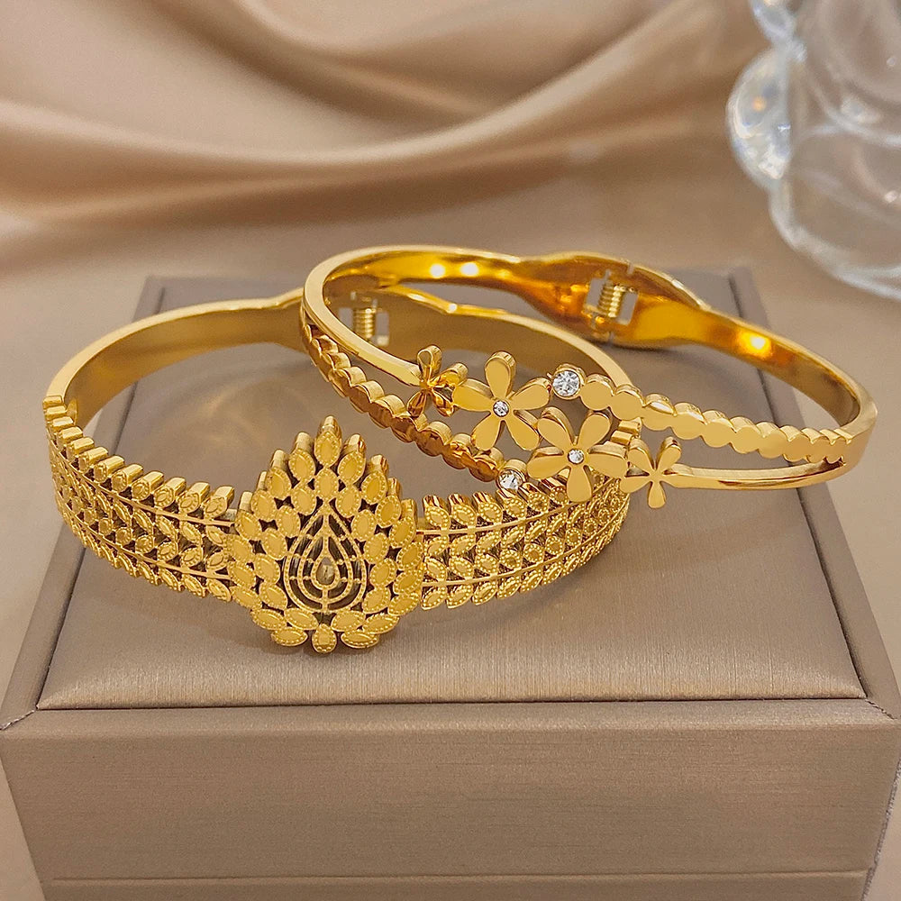 Chic Stainless Steel Gold Plated Cuff Bangle for Women Exaggerated Leaves Flower Chunky Bracelets Waterproof Jewelry Set