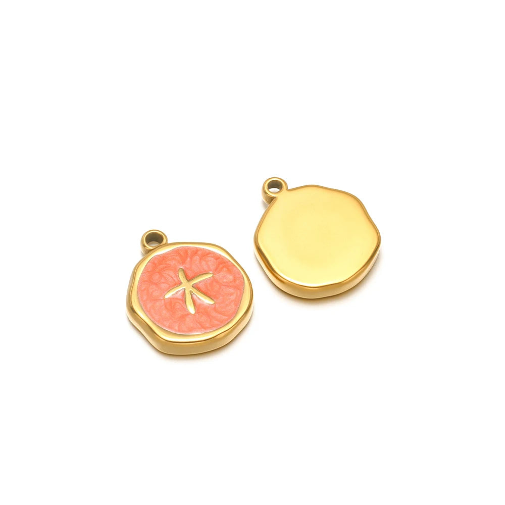 Enamel shell charms set: orange starfish motif charm and plain yellow round-face charm