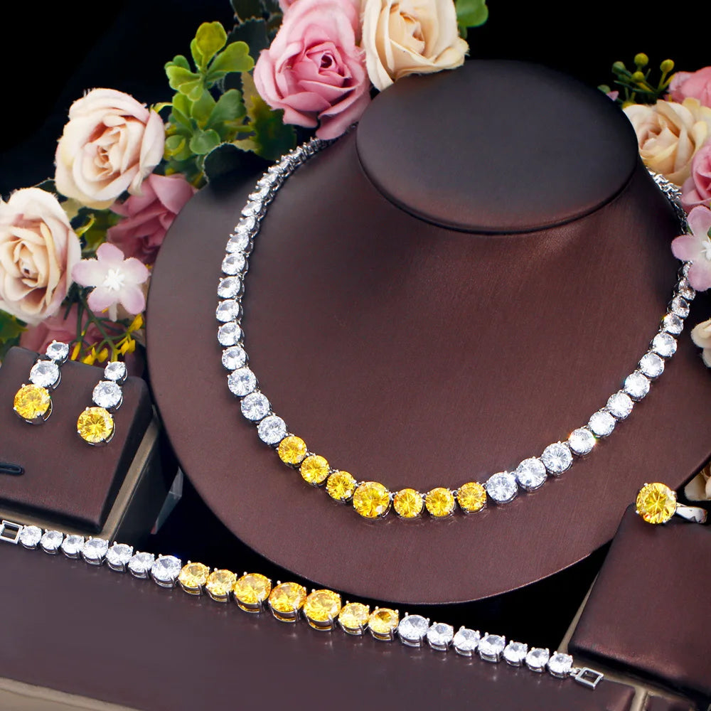 Yellow and clear round cubic zirconia tennis necklace with matching bracelet and stud earrings
