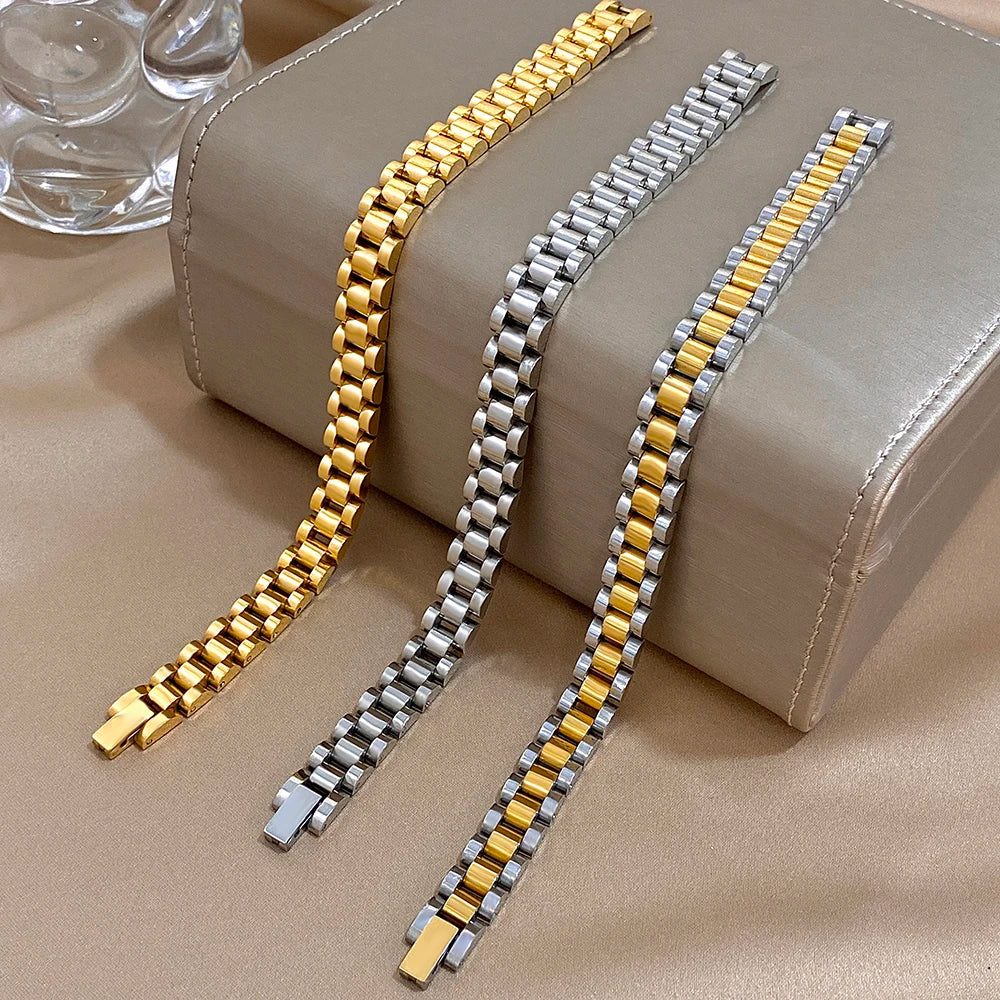 Classic Belt Buckle Stainless Steel Bracelet for Women Men Chunky Gold Silver Color Watch Band Bangles Waterproof Jewelry