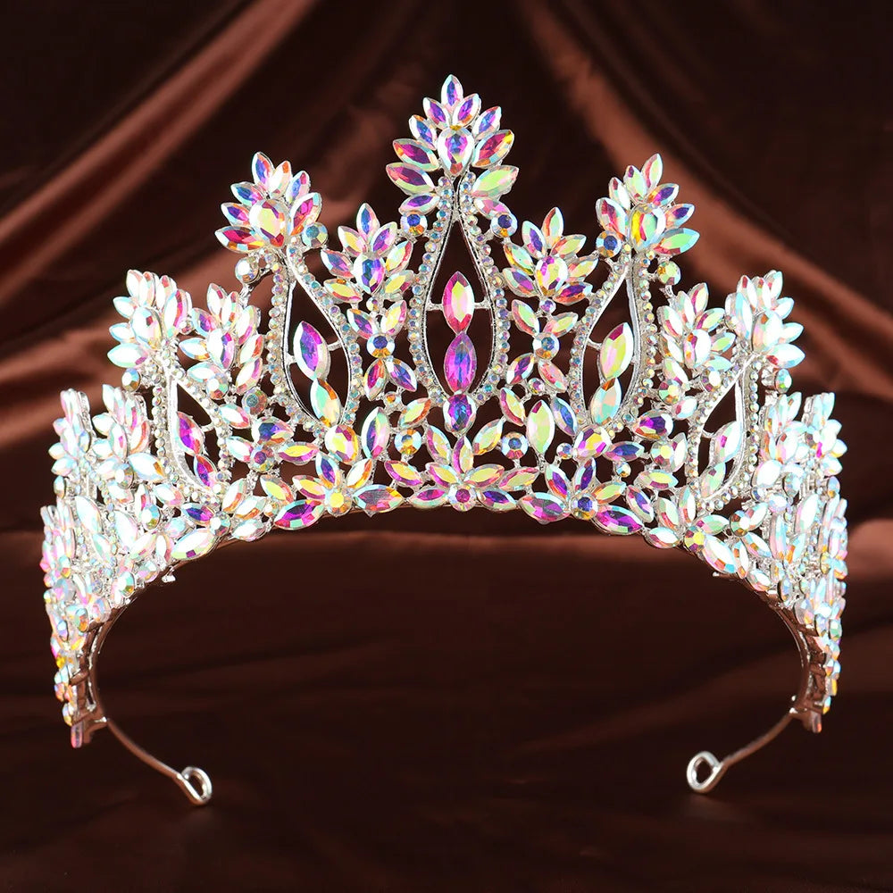 Rainbow iridescent rhinestone tiara with marquise stones and floral crown peaks