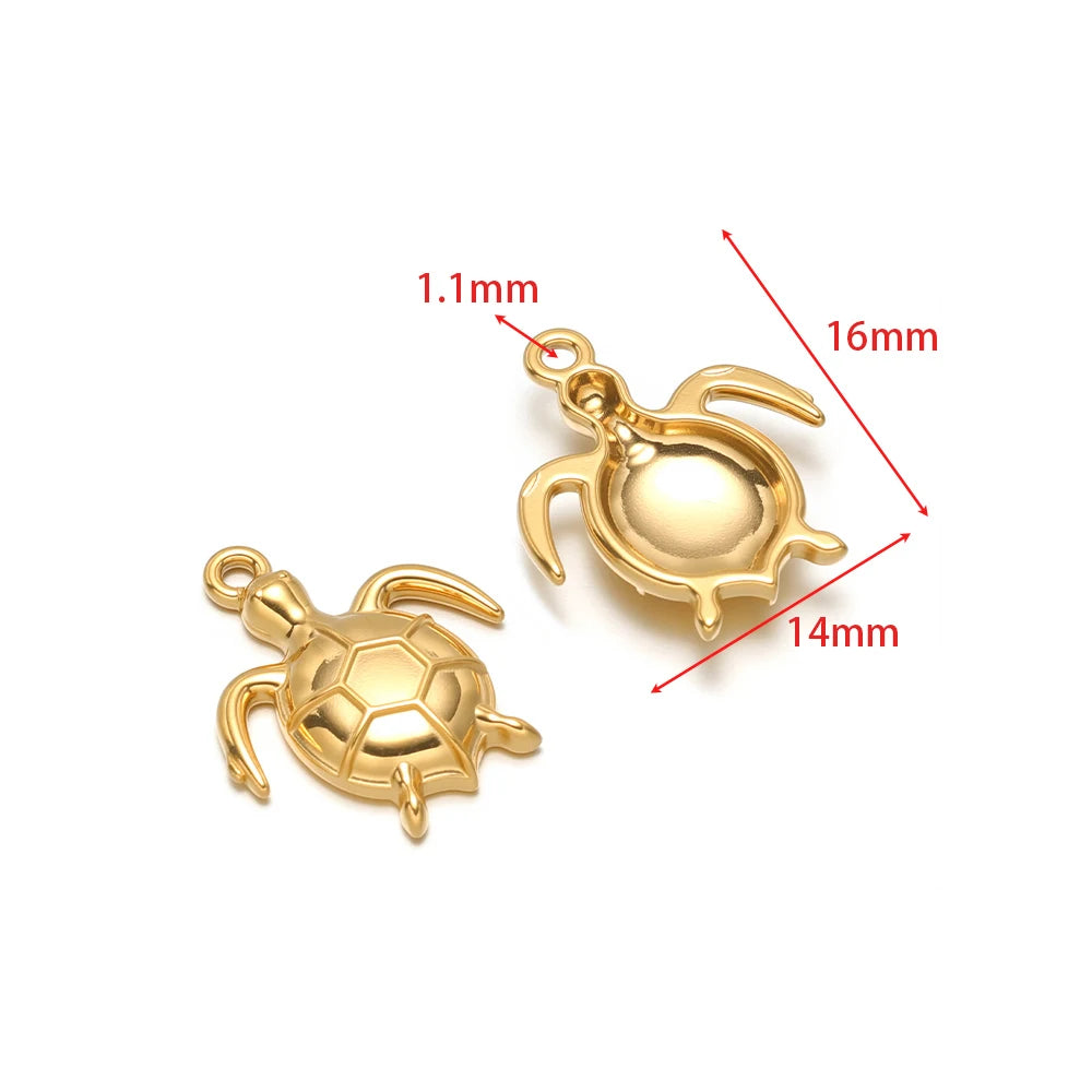 Stainless steel animal charm pendants set, turtle shaped with gold-tone finish and connector loops