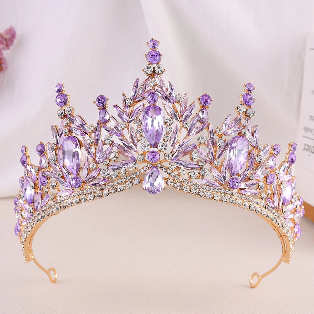 Crystal jeweled wedding tiara with lavender purple stones and radiant center spire