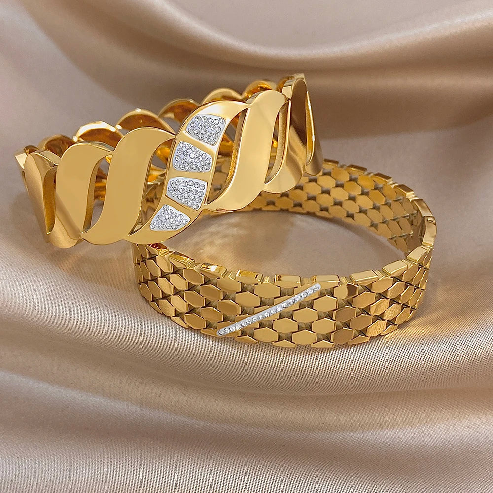 Luxury Rhinestone Stainless Steel Cuff Bracelet for Women Trendy Zircon Geometric Gold Color Wide Bangles Waterproof Jewelry Set