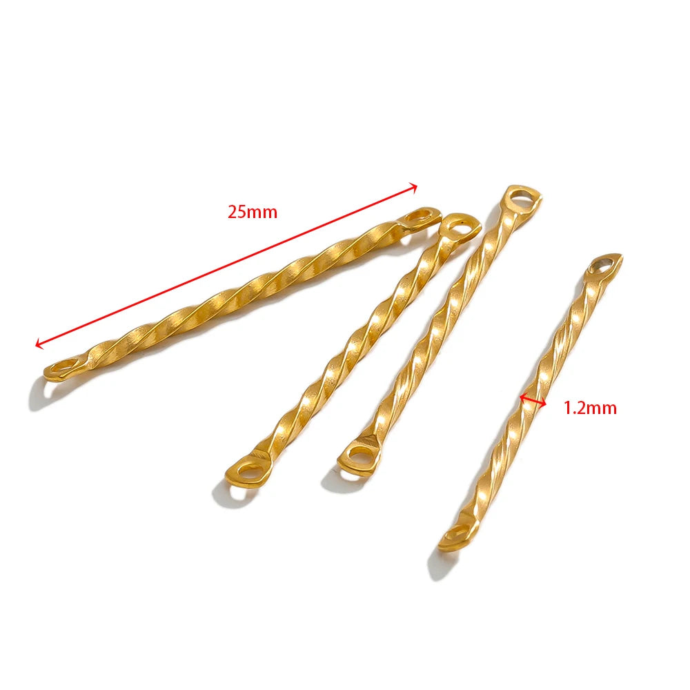 Gold twisted double-hole rod connectors, 25mm long, 1.2mm holes, DIY jewelry parts