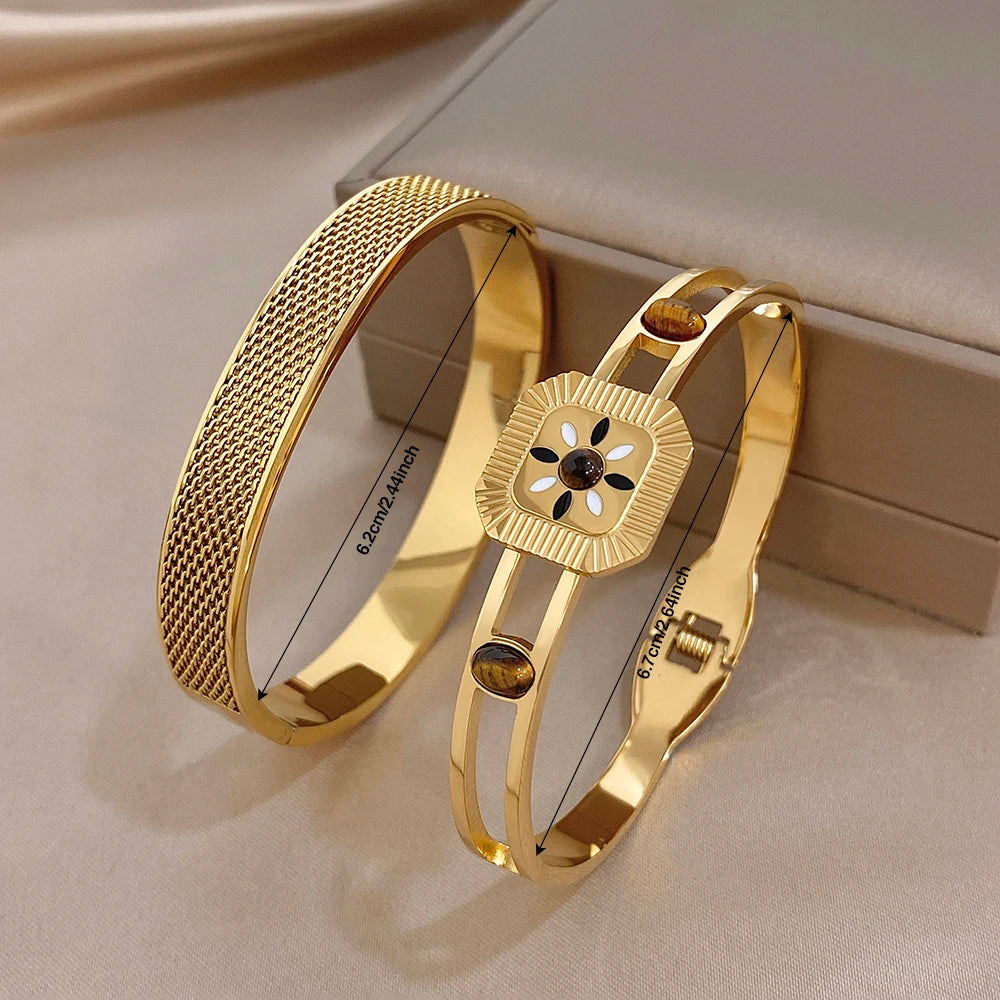 Vintage Natural Stone Geometric Mesh Bracelet for Women Geometric Gold Plated Stainless Steel Cuff Bangles Waterproof Jewelry