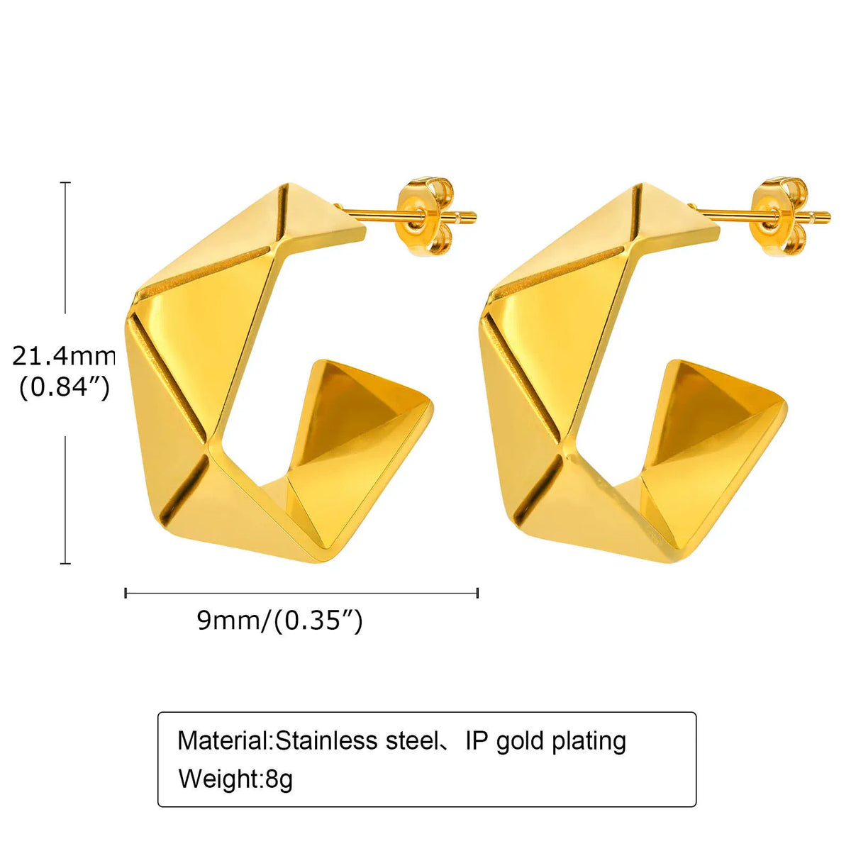 Gold-plated geometric hoop earrings, 21.4mm x 9mm, 8g