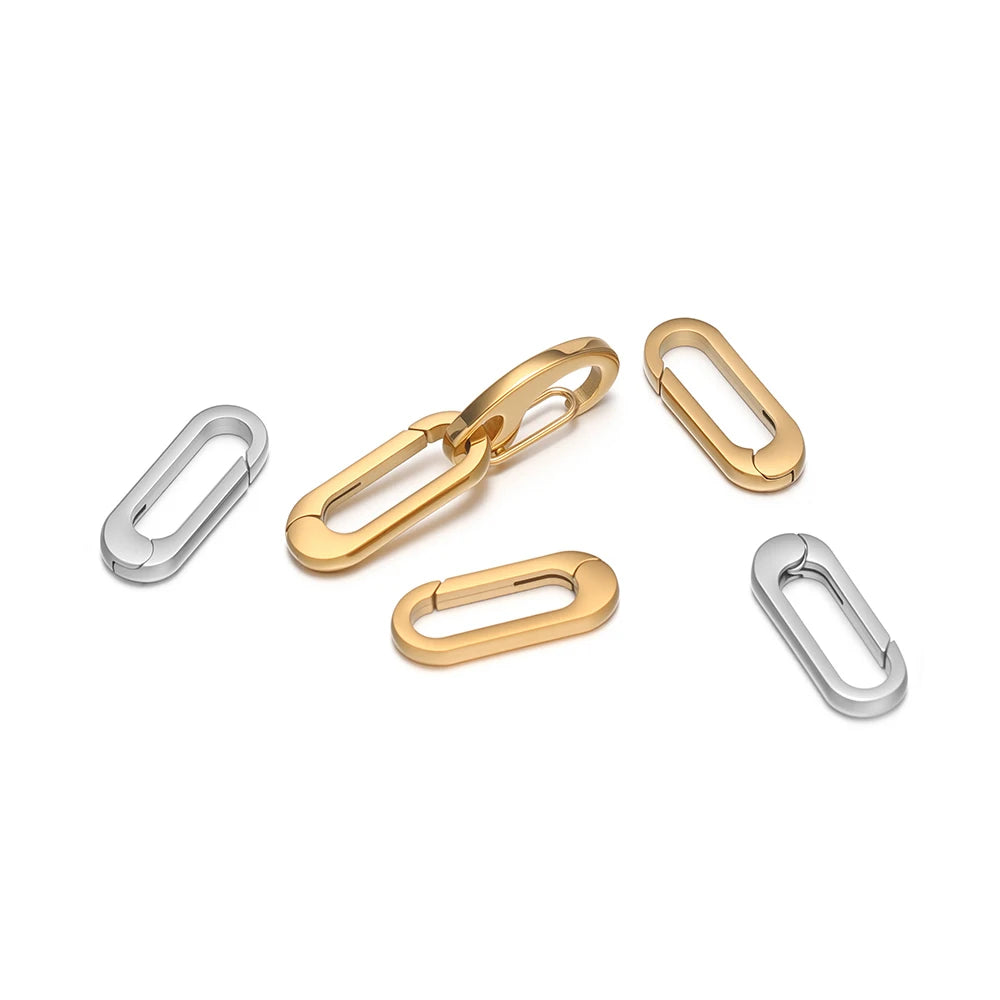 Oval spring clasp hooks in gold and silver tones, hinged loop connectors