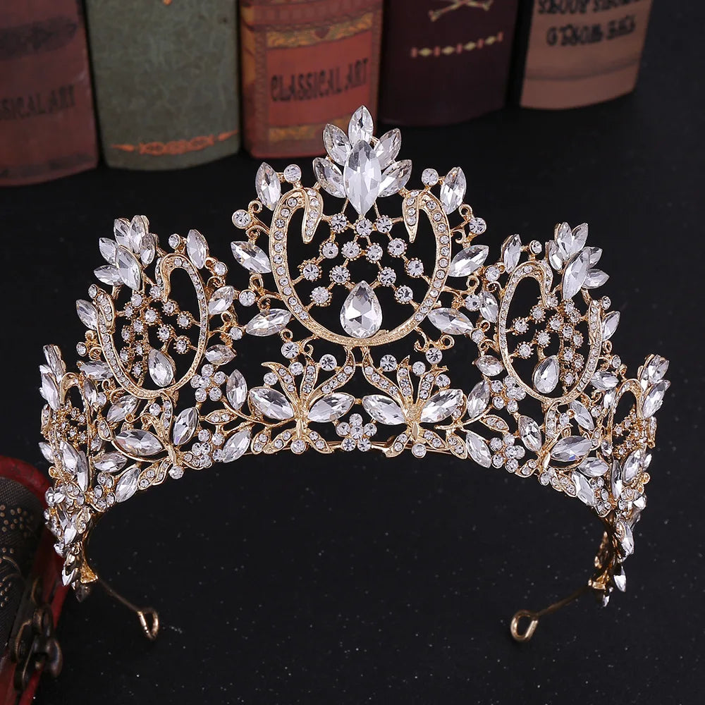Gold Color Champagne Crystal Pageant Crowns for Women Queen Diadem Bridal Tiaras Large Headpiece Wedding Hair Accessories