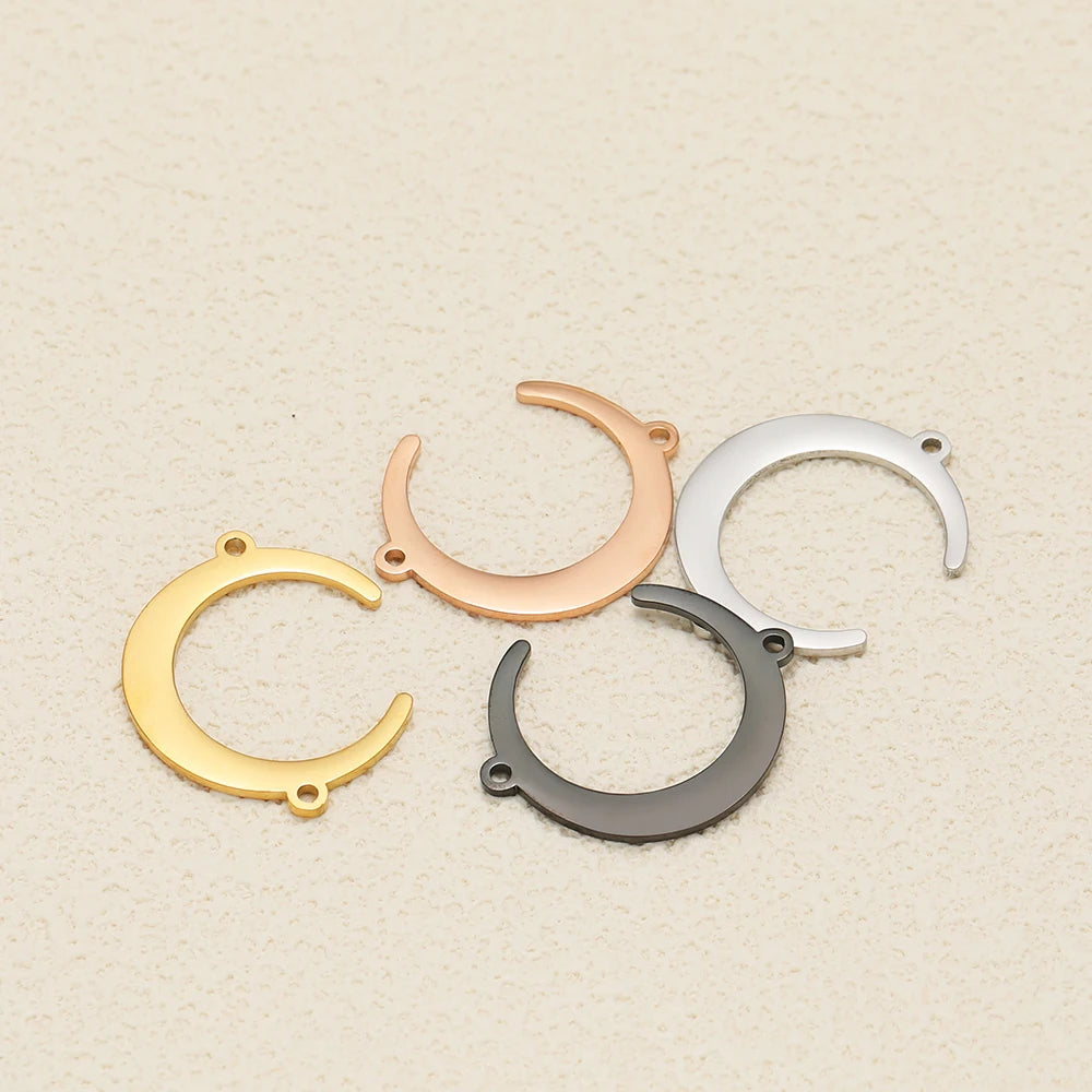 Moon-shaped stainless steel pendant charms with double-hole connectors, mixed gold and black