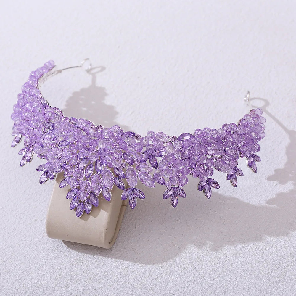 Large bridal tiara with lavender purple crystal flower fringe and silver-tone frame