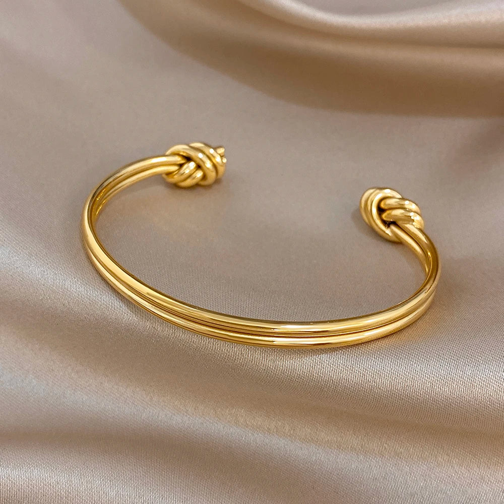 Minimalist Double Layer Knot Cuff Bangle Bracelets Glossy Gold Plated Stainless Steel Wide Bracelet for Women Waterproof Jewelry