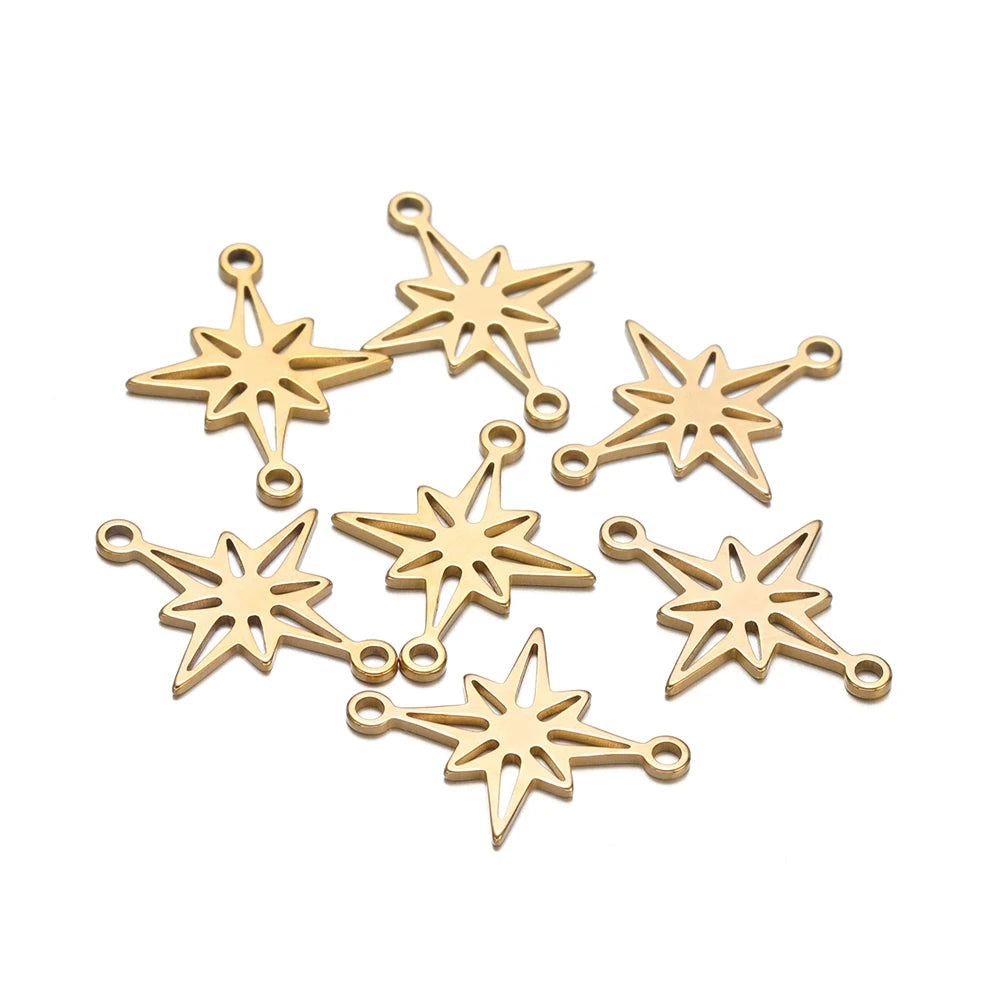 Gold-tone star charms with loops, connector pieces for DIY jewelry
