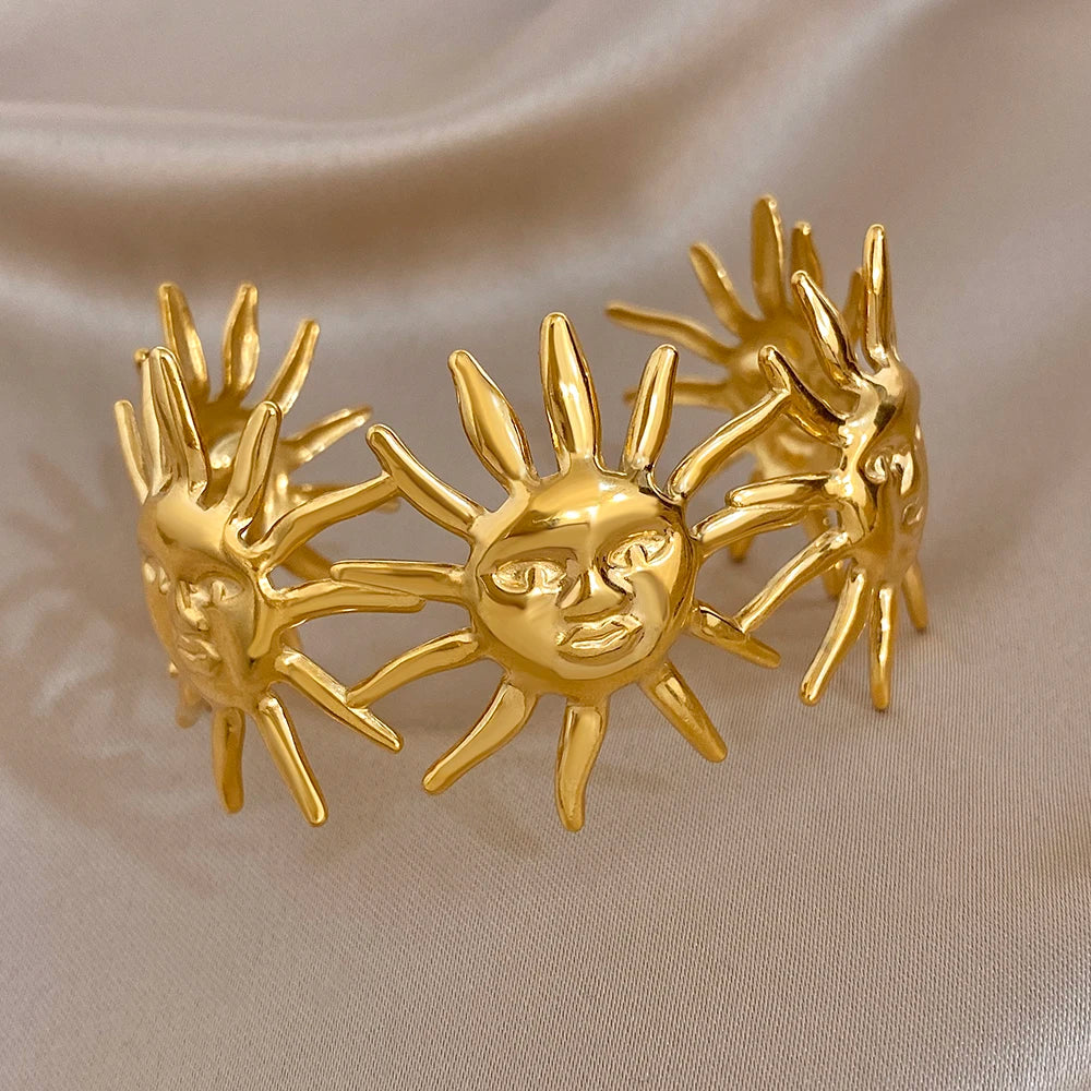 Bohemian Gold Plated Stainless Steel Cuff Bangle for Women Exaggerated Abstract Sun Patchwork Bracelets Waterproof Jewelry