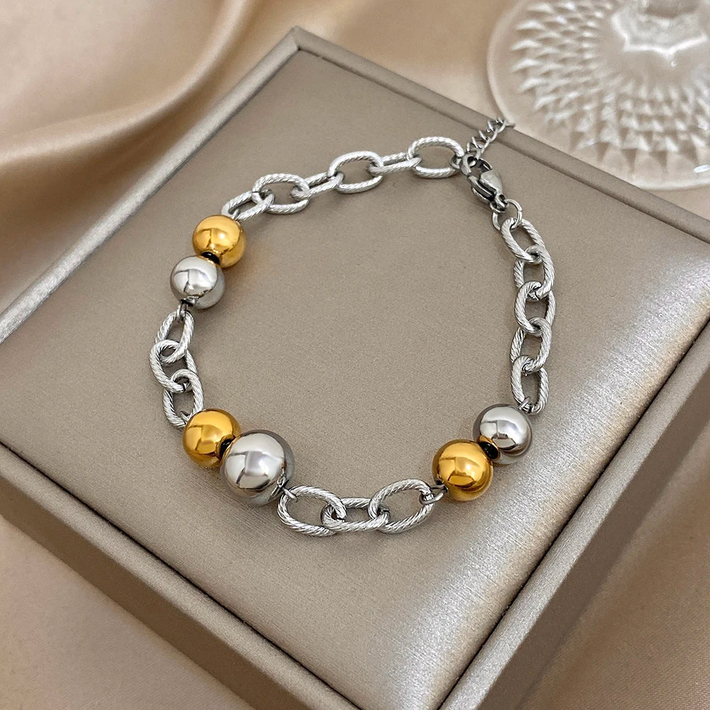 Chubby Two Tone Round Beads Bracelet for Women Fashion Gold Plated Stainless Steel Chain Bracelets Waterproof Jewelry