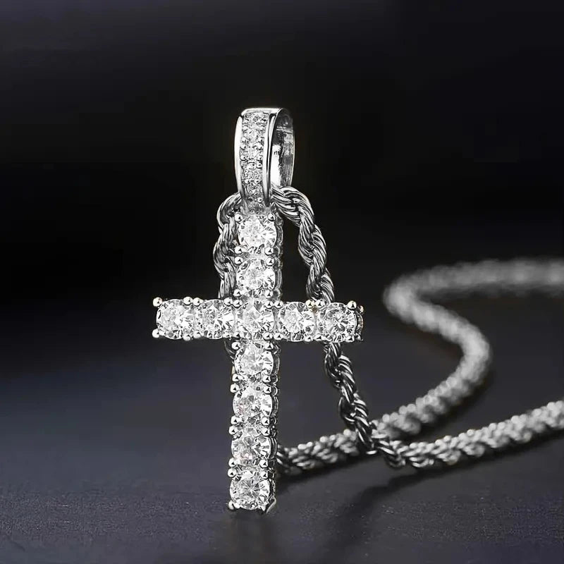 Silver-tone cubic zirconia cross pendant necklace with looped bail and stones