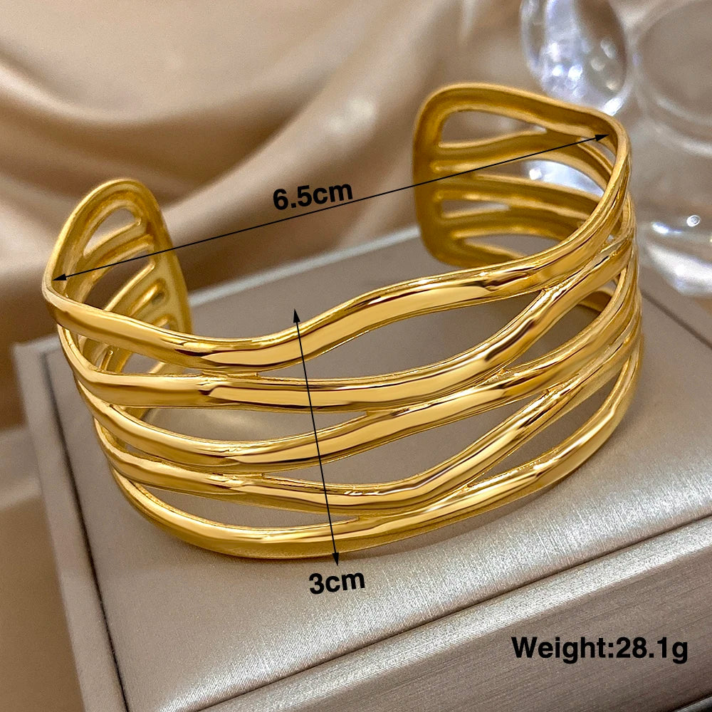 Exaggerated Geometric Stainless Steel Cuff Bangle Bracelets Irregular Gold Plated Chunky Wristband Bracelet Waterproof Jewelry