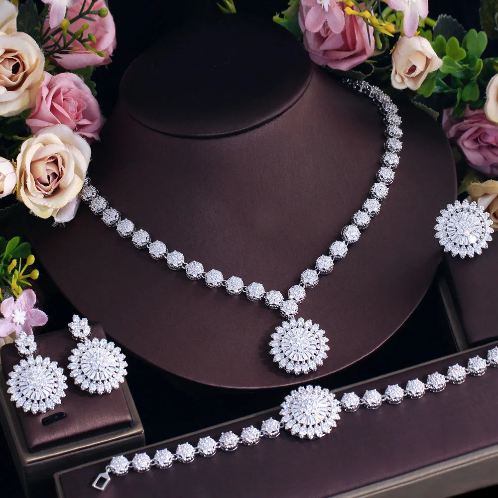 Sunflower zirconia jewelry set: rhinestone necklace, round stud earrings, bracelet.