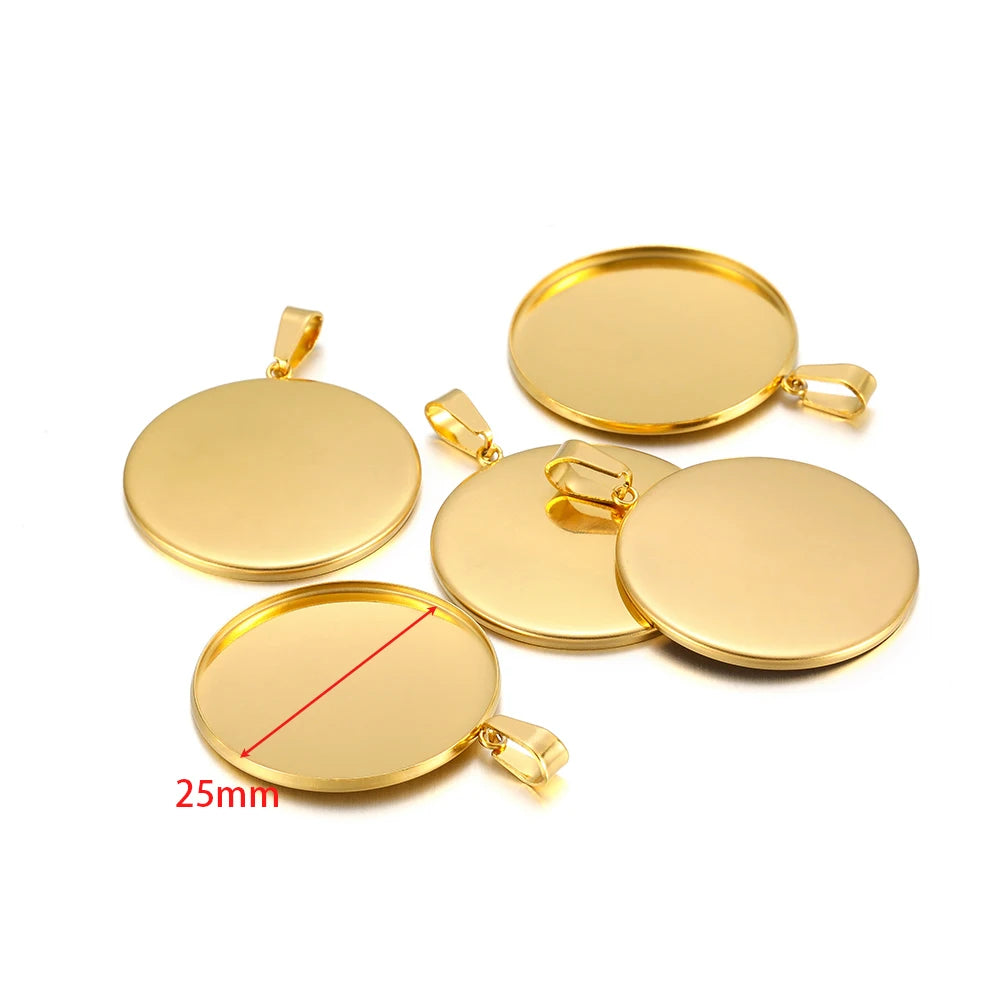 Round bezel cabochon settings, gold 25mm, with small loop bails (10-pack)