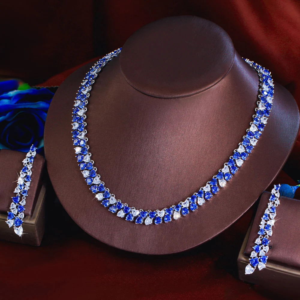 Luxury Shiny Blue CZ Zircon Heart Shape Wedding Jewelry Sets for Women Bridal Necklace Earrings