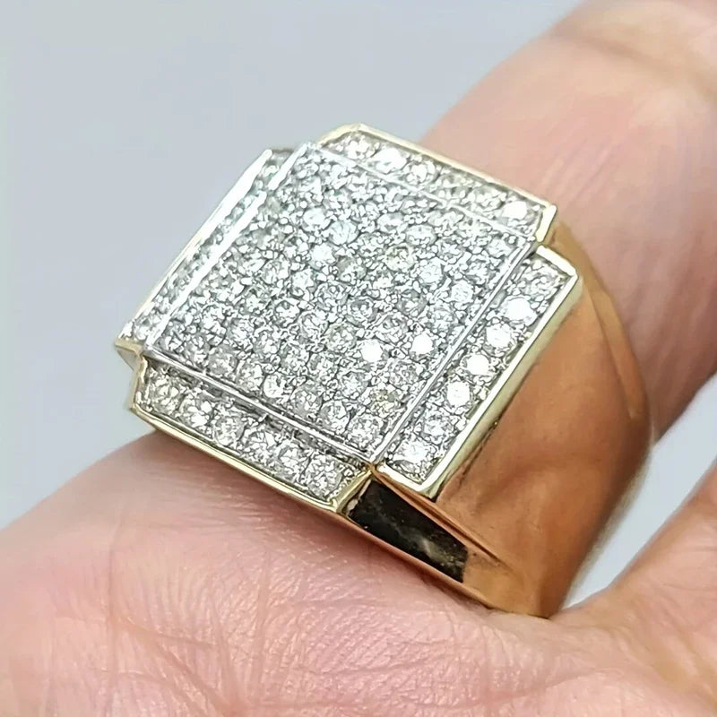 Square CZ statement ring with a gold-tone band and pavé-set square face