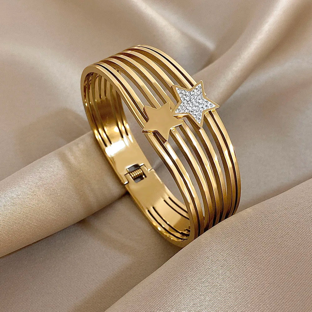 Rhinestone Star Layered Wristband Bangle Chunky Jewelry Gold Color Stainless Steel Cuff Bracelet for Women