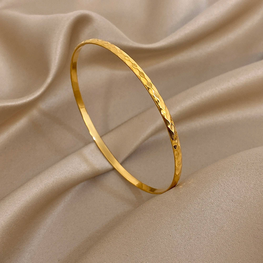 1pc/3pcs Hammered Gold Plated Stainless Steel Bangle for Women Shiny Geometric Slim Stackable Bracelets Waterproof Jewelry