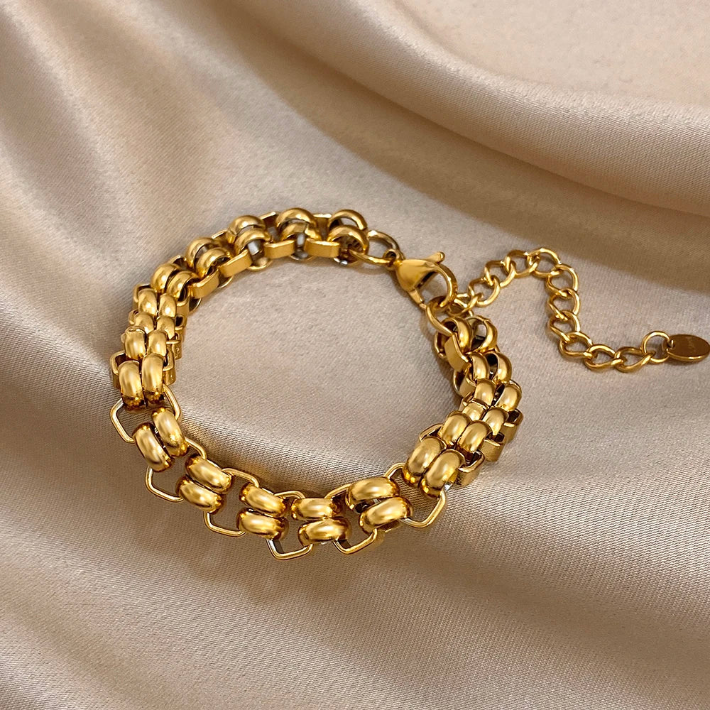 Chubby Geometric Circle Chain Bracelets for Women Fashion Gold Plated Stainless Steel Chunky Bracelet Waterproof Jewelry