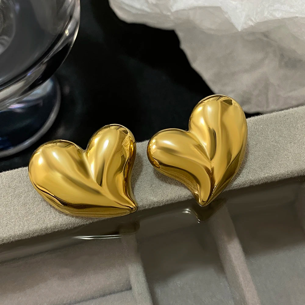 Gold-tone chunky puffed heart stud earrings