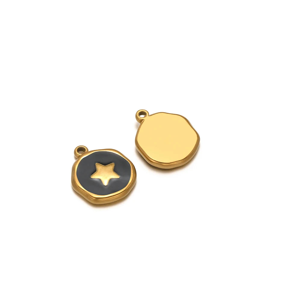 Evil eye charm pendants: dark enamel star with gold border and plain gold drop charm