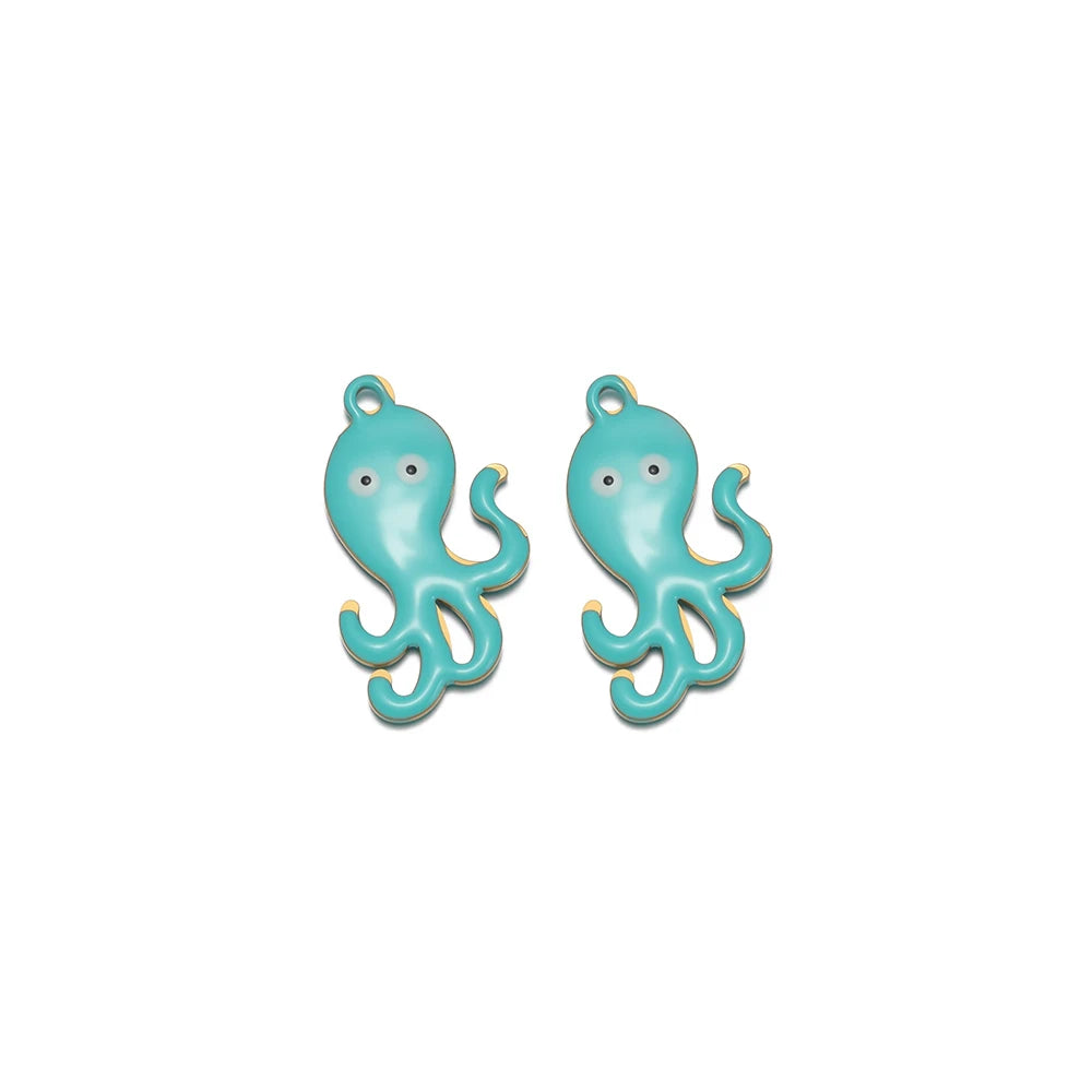 Two teal enamel octopus pendant charms with ring hanging loops