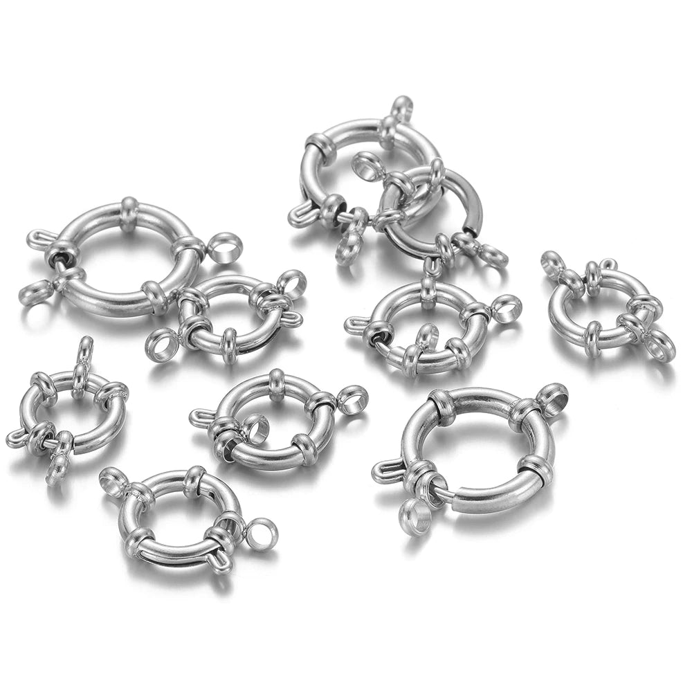 Set of silver round spring clasp hooks with hinged safety latch for jewelry