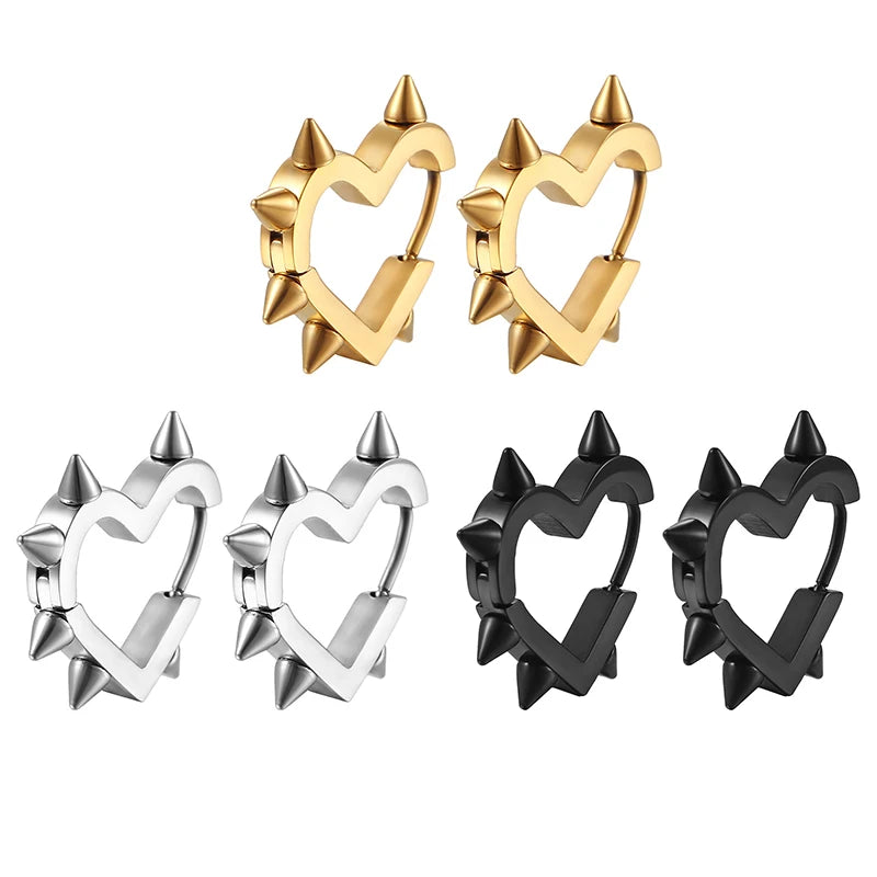 Set of heart hoop earrings in gold, silver, and black with spiked outlines