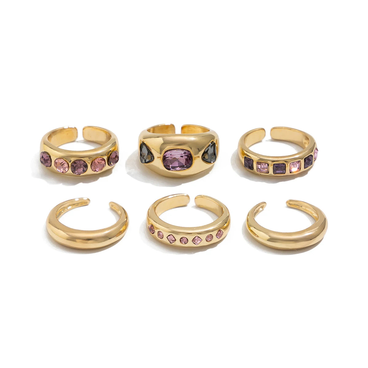 6Pcs Gold Adjustable Ring Daily Wear Jewelry Inlaid Purple Rhinestone Open Ring Set for Women
