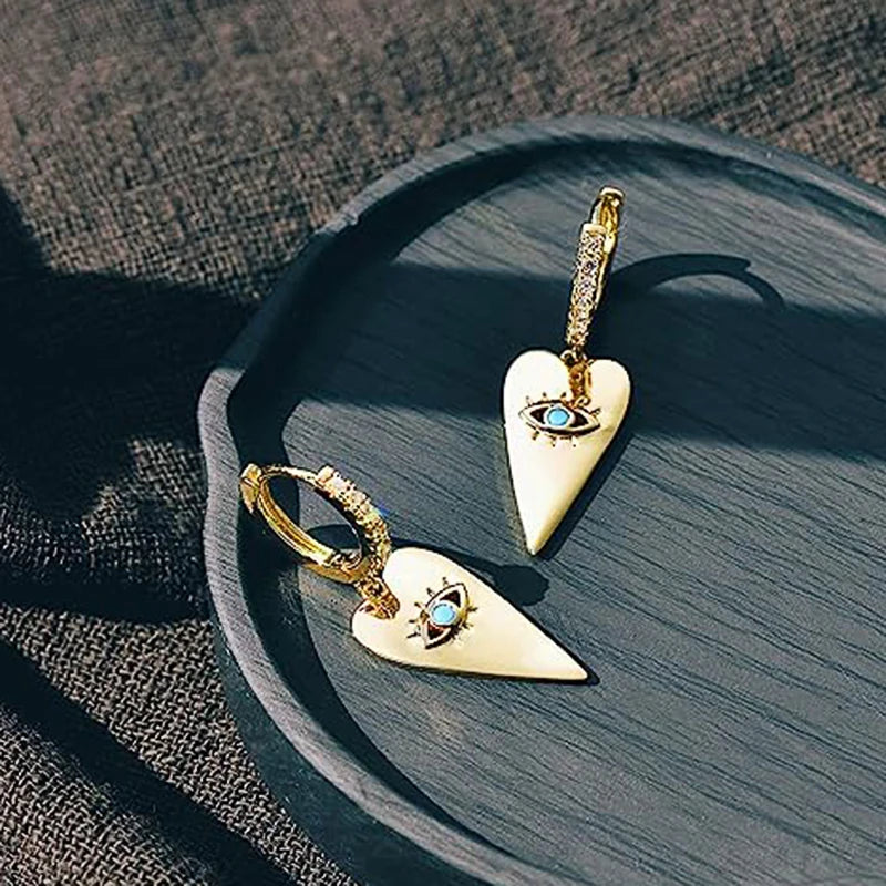 Gold Color Y2K Style Dangle Earrings Metal Heart Blue Eyes Charms Hip Hop Jewelry m18