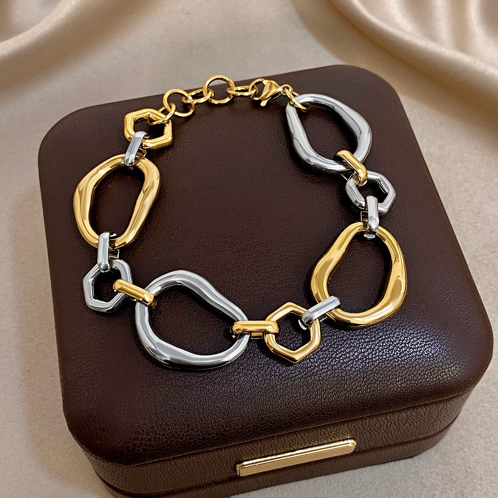 Irregular Geometric Circle Chain Bracelets for Women Fashion Two Tone Stainless Steel Wristband Bracelet Waterproof Jewelry
