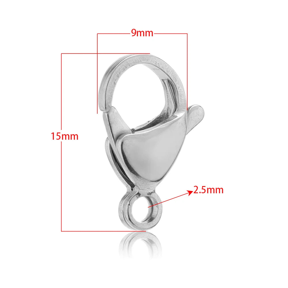 Stainless steel lobster clasp hook, 15mm length, 9mm width, 2.5mm ring