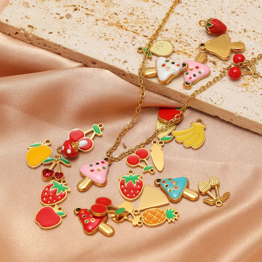 Enamel fruit charm pendants on a gold-tone chain with gold-tone loops, assorted set