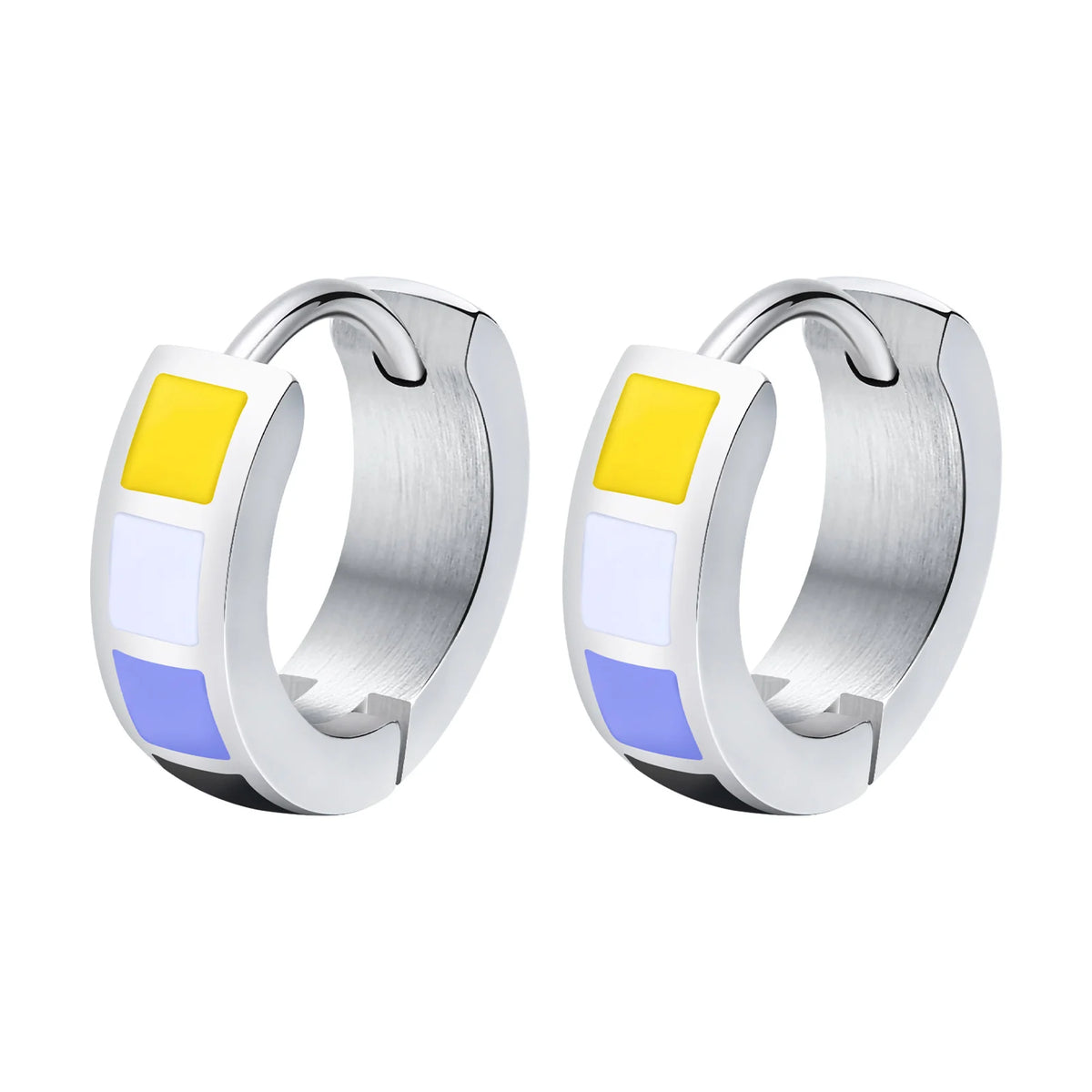 Pair of stainless steel huggie hoops with yellow, white, and lavender enamel blocks