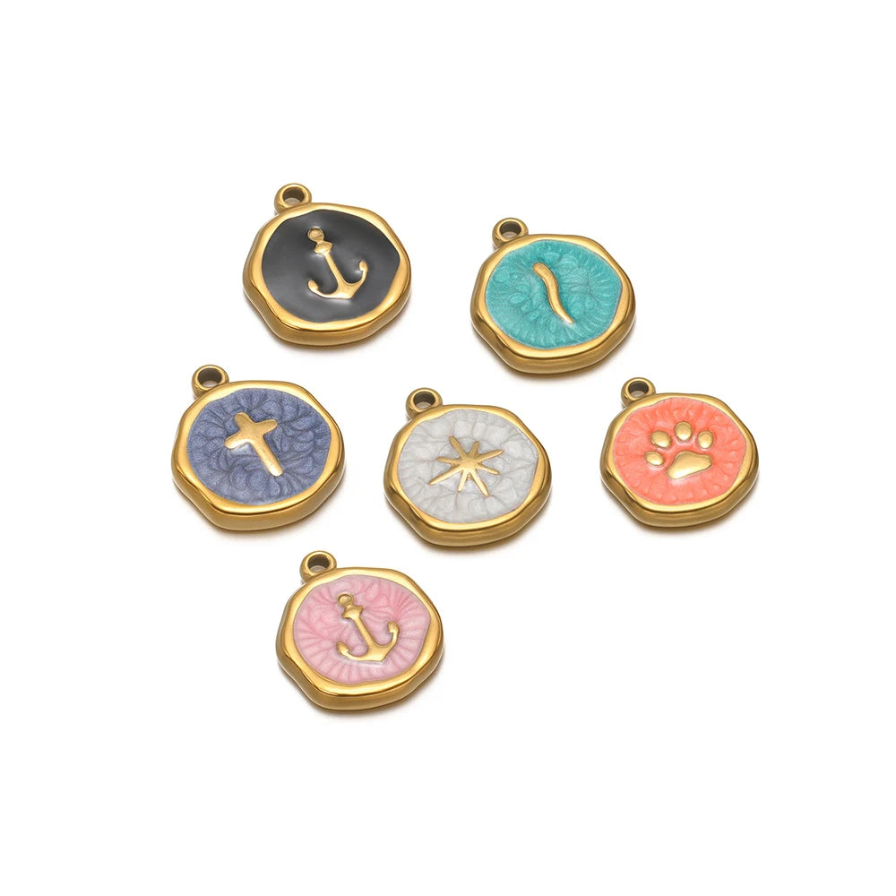 Stainless steel enamel charm set with anchor and paw icons in teal, blue, purple, pink