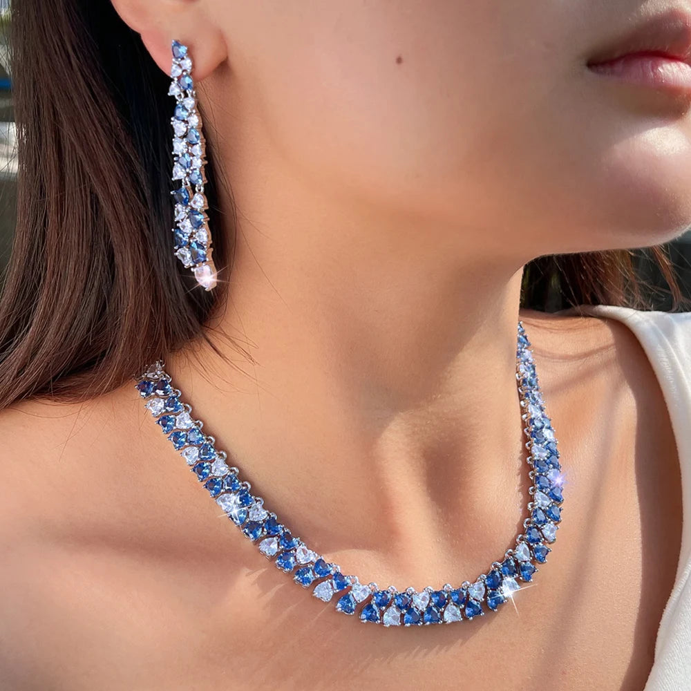 Luxury Shiny Blue CZ Zircon Heart Shape Wedding Jewelry Sets for Women Bridal Necklace Earrings