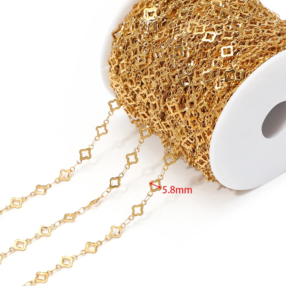 Gold plated square-link chain on spool, 5.8mm link size shown