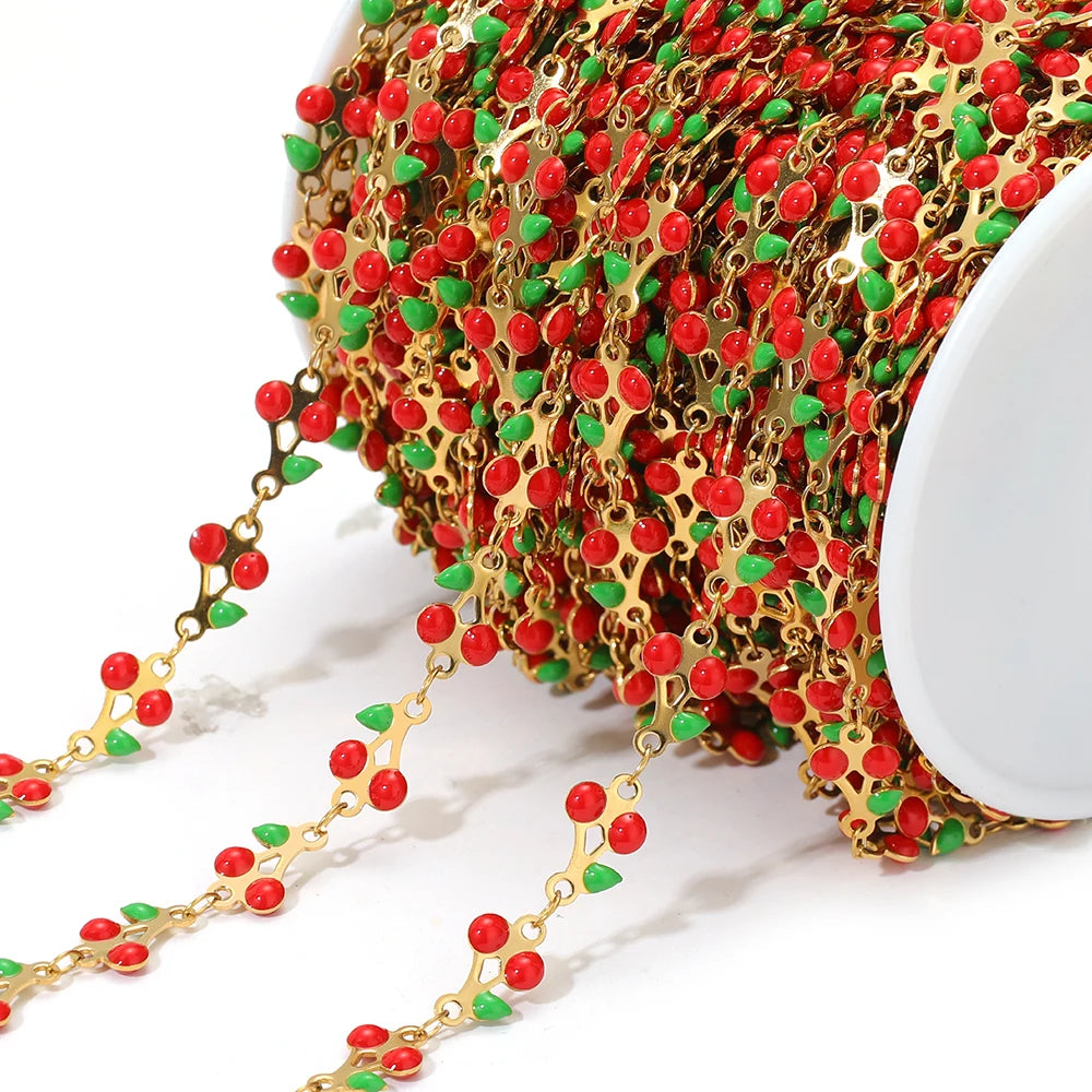 Enamel cherry chain: red cherries, green leaves, gold links