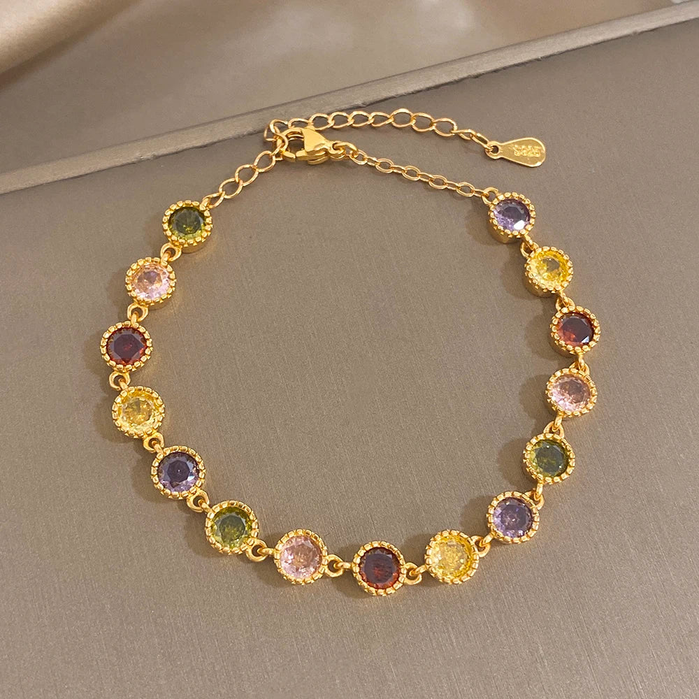 Gold-plated zirconia bead bracelet with multicolor round stones and chain links
