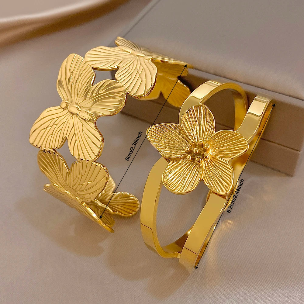 Exaggerated Gold Plated Stainless Steel Cuff Bangle Bracelet for Women Fashion Flower Butterfly Bracelets Waterproof Jewelry Set
