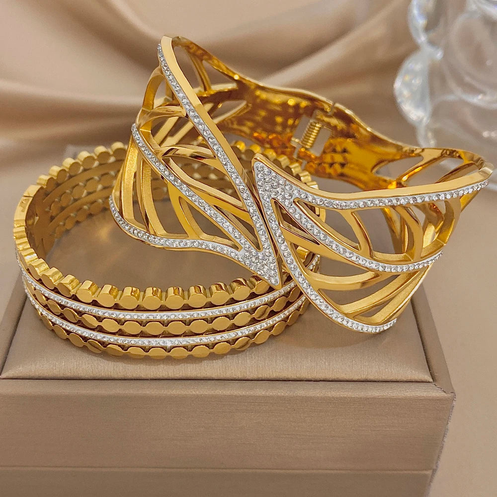 Exaggerated Geometric Zircon Leaf Cuff Bangle Exquisite Gold Plated Stainless Steel Chunky Bracelets Waterproof Jewelry Set