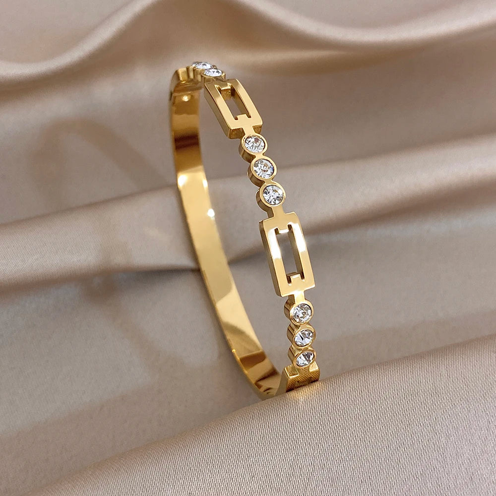 Trendy Gold Plated Stainless Steel Cuff Bangle Bracelets for Women Shiny Geometric Zircon Stackable Bracelet Waterproof Jewelry